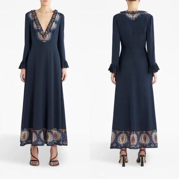 Etro Plunging Engineer Border-Print Ruffle Cady Midi Dress IT42/US6 - Picture 6 of 14